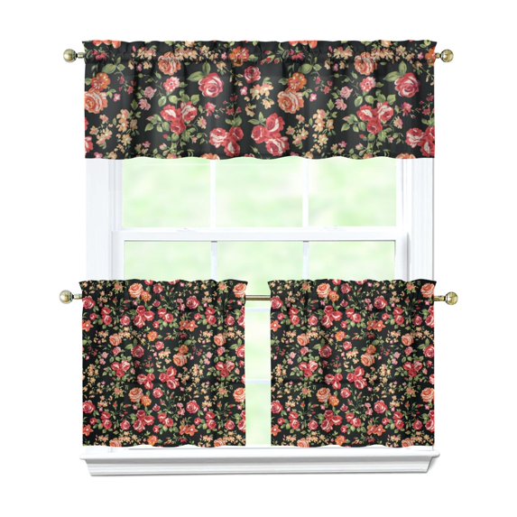 Pioneer Kitchen Curtains and Valance Set 24 Inch Tier Red Rose with Green Leaf Curtains Small Drapes for Cafe Living Room Bathroom Farmhouse 3 Pieces Set Rod Pocket