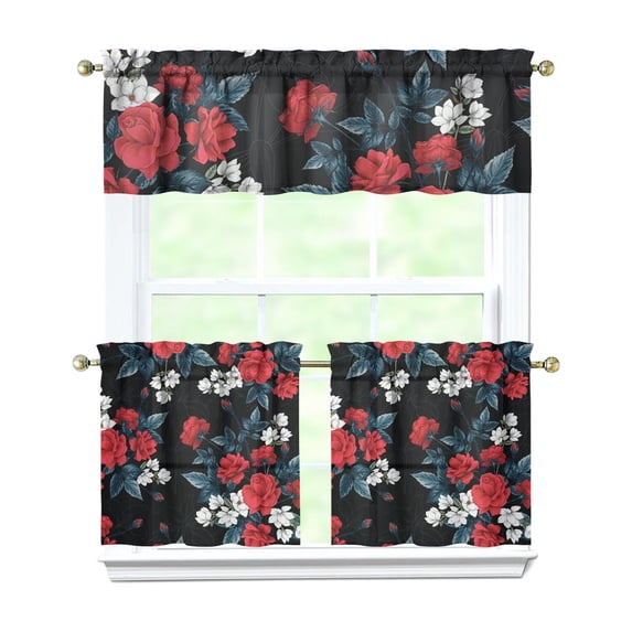 Pioneer Kitchen Curtains and Valance Set 24 Inch Tier Roses Cotton Curtains Small Drapes for Cafe Living Room Bathroom Farmhouse 3 Pieces Set Rod Pocket