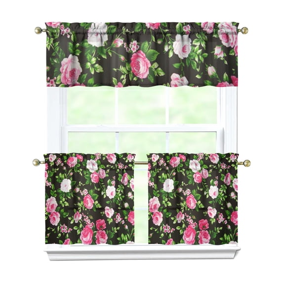 Pioneer Kitchen Curtains and Valance Set 24 Inch Tier Vintage Floral Rose Curtains Small Drapes for Cafe Living Room Bathroom Farmhouse 3 Pieces Set Rod Pocket