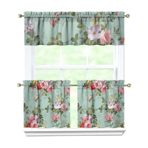Pioneer Kitchen Curtains and Valance Set 24 Inch Tier Vintage Rose Print Curtains Small Drapes for Cafe Living Room Bathroom Farmhouse 3 Pieces Set Rod Pocket