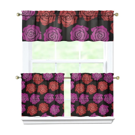Pioneer Kitchen Curtains and Valance Set 24 Inch Tier Vintage Roses Pattern Curtains Small Drapes for Cafe Living Room Bathroom Farmhouse 3 Pieces Set Rod Pocket