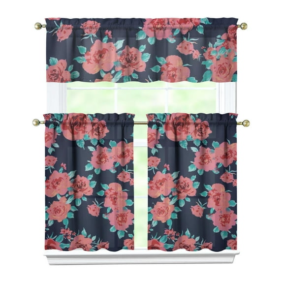 Pioneer Kitchen Curtains and Valance Set 36 Inch Tier Abstract Pink Floral Prints 3 Pieces Set Dining Room Small Curtain Drapes Cafe Curtains Valance for Home Decor Rod Pocket