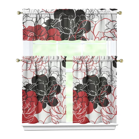 Pioneer Kitchen Curtains and Valance Set 36 Inch Tier Beautiful Wild Peonies Flower 3 Pieces Set Dining Room Small Curtain Drapes Cafe Curtains Valance for Home Decor Rod Pocket