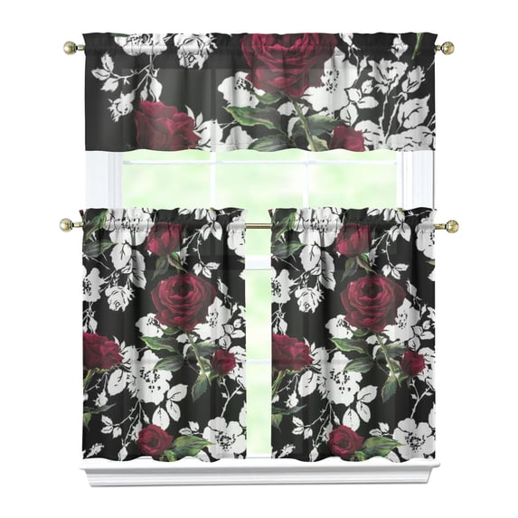 Pioneer Kitchen Curtains and Valance Set 36 Inch Tier Bloom Red and White Rose 3 Pieces Set Dining Room Small Curtain Drapes Cafe Curtains Valance for Home Decor Rod Pocket