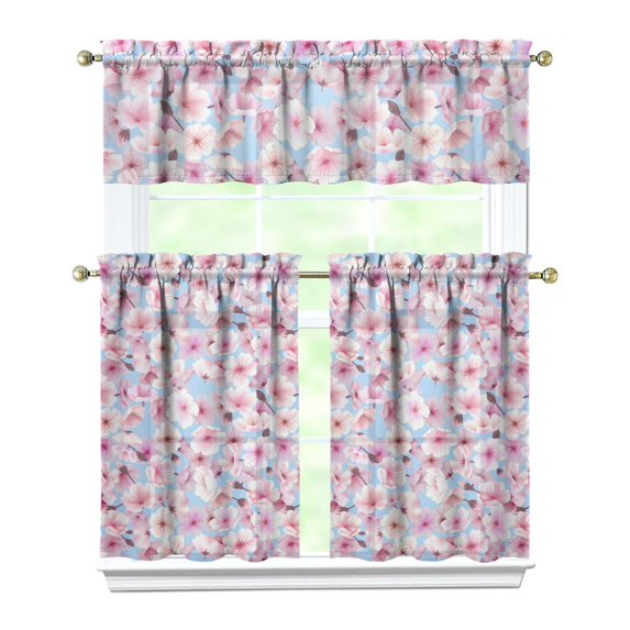 Pioneer Kitchen Curtains and Valance Set 36 Inch Tier Cherry Blossoming Sakura Cosplay 3 Pieces Set Dining Room Small Curtain Drapes Cafe Curtains Valance for Home Decor Rod Pocket