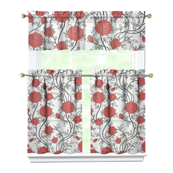 Pioneer Kitchen Curtains and Valance Set 36 Inch Tier Cirrus Roses 3 Pieces Set Dining Room Small Curtain Drapes Cafe Curtains Valance for Home Decor Rod Pocket