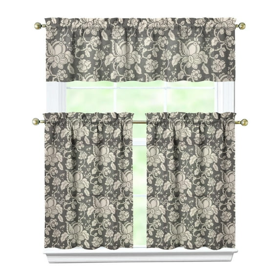 Pioneer Kitchen Curtains and Valance Set 36 Inch Tier Classic Flower 3 Pieces Set Dining Room Small Curtain Drapes Cafe Curtains Valance for Home Decor Rod Pocket