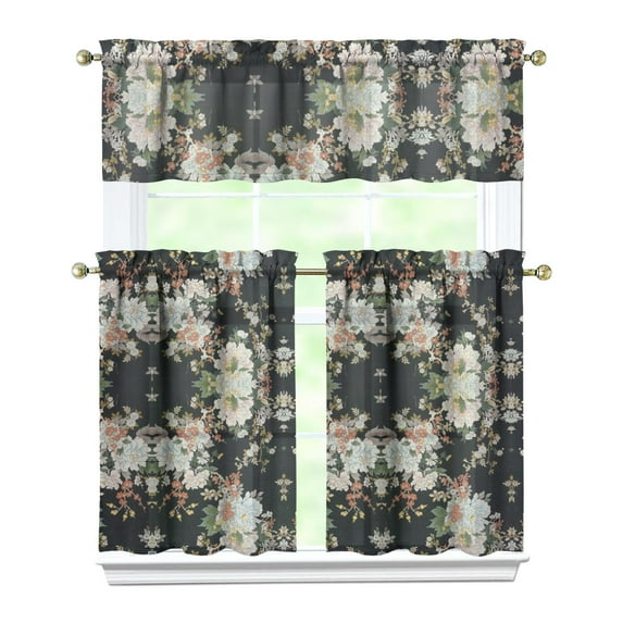 Pioneer Kitchen Curtains and Valance Set 36 Inch Tier Colorful Flowers 3 Pieces Set Dining Room Small Curtain Drapes Cafe Curtains Valance for Home Decor Rod Pocket