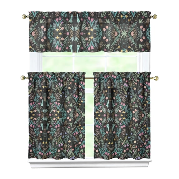 Pioneer Kitchen Curtains and Valance Set 36 Inch Tier Colorful Flowers Painting 3 Pieces Set Dining Room Small Curtain Drapes Cafe Curtains Valance for Home Decor Rod Pocket