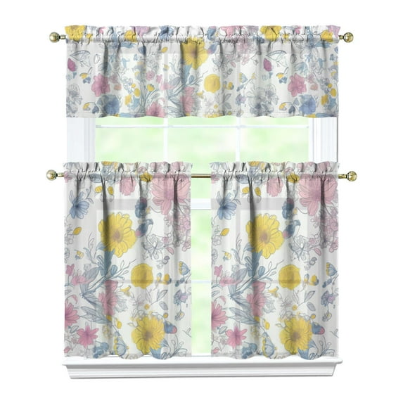 Pioneer Kitchen Curtains and Valance Set 36 Inch Tier Floral Flowers 3 Pieces Set Dining Room Small Curtain Drapes Cafe Curtains Valance for Home Decor Rod Pocket