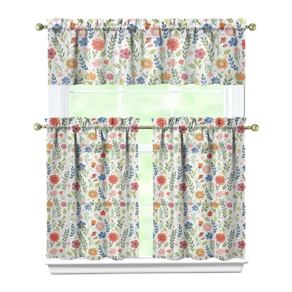 Pioneer Kitchen Curtains and Valance Set 36 Inch Tier Floral Flowers 3 Pieces Set Dining Room Small Curtain Drapes Cafe Curtains Valance for Home Decor Rod Pocket