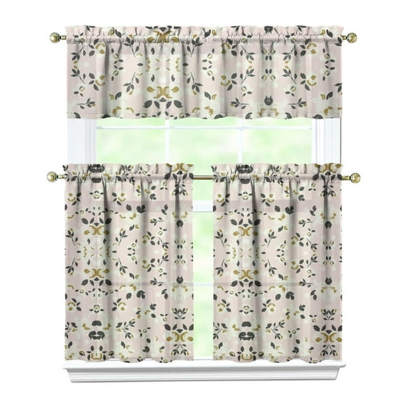 Pioneer Kitchen Curtains and Valance Set 36 Inch Tier Flower Floral Pattern 3 Pieces Set Dining Room Small Curtain Drapes Cafe Curtains Valance for Home Decor Rod Pocket