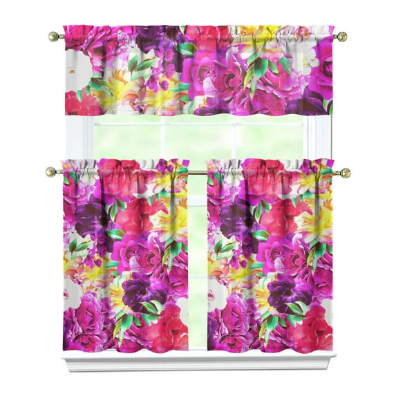 Pioneer Kitchen Curtains and Valance Set 36 Inch Tier Flower Power 3 Pieces Set Dining Room Small Curtain Drapes Cafe Curtains Valance for Home Decor Rod Pocket