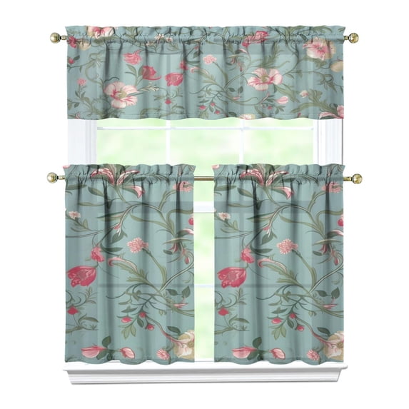 Pioneer Kitchen Curtains and Valance Set 36 Inch Tier Flowers Teal 3 Pieces Set Dining Room Small Curtain Drapes Cafe Curtains Valance for Home Decor Rod Pocket