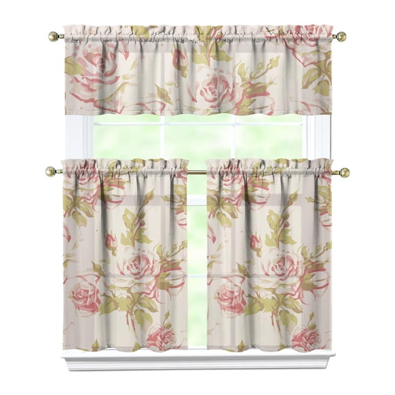 Pioneer Kitchen Curtains and Valance Set 36 Inch Tier Painting Watercolor Rose Flower 3 Pieces Set Dining Room Small Curtain Drapes Cafe Curtains Valance for Home Decor Rod Pocket