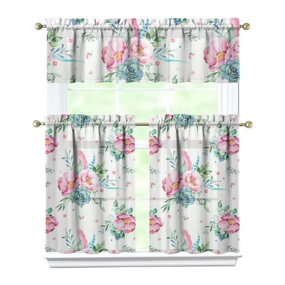 Pioneer Kitchen Curtains and Valance Set 36 Inch Tier Pink Floral Feathers 3 Pieces Set Dining Room Small Curtain Drapes Cafe Curtains Valance for Home Decor Rod Pocket