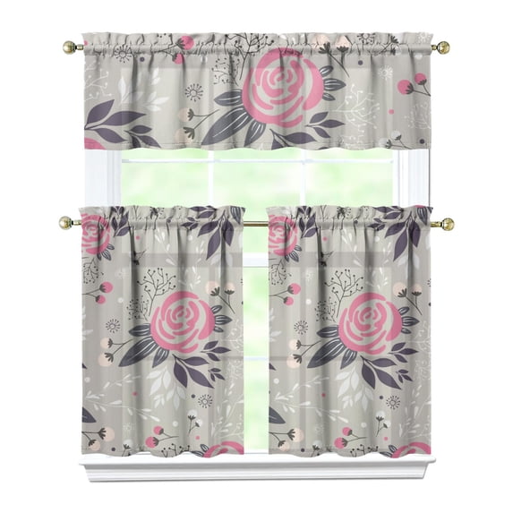 Pioneer Kitchen Curtains and Valance Set 36 Inch Tier Pink Flower Crown Peony 3 Pieces Set Dining Room Small Curtain Drapes Cafe Curtains Valance for Home Decor Rod Pocket