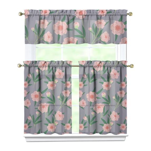 Pioneer Kitchen Curtains and Valance Set 36 Inch Tier Pink Peony Flowers with Leaves 3 Pieces Set Dining Room Small Curtain Drapes Cafe Curtains Valance for Home Decor Rod Pocket