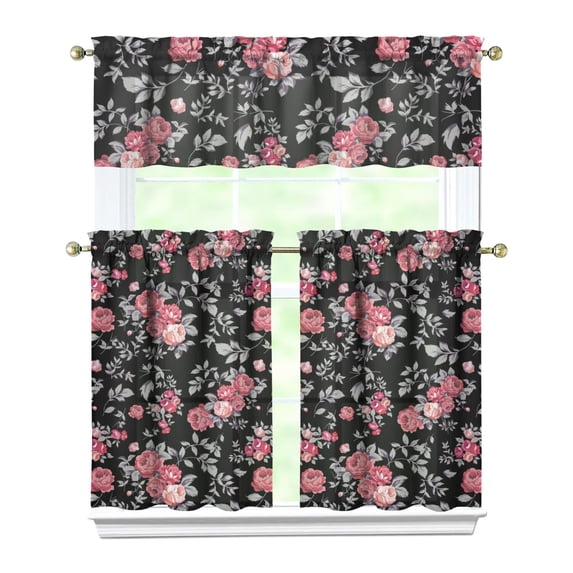 Pioneer Kitchen Curtains and Valance Set 36 Inch Tier Pink Rose Black Vector Image 3 Pieces Set Dining Room Small Curtain Drapes Cafe Curtains Valance for Home Decor Rod Pocket