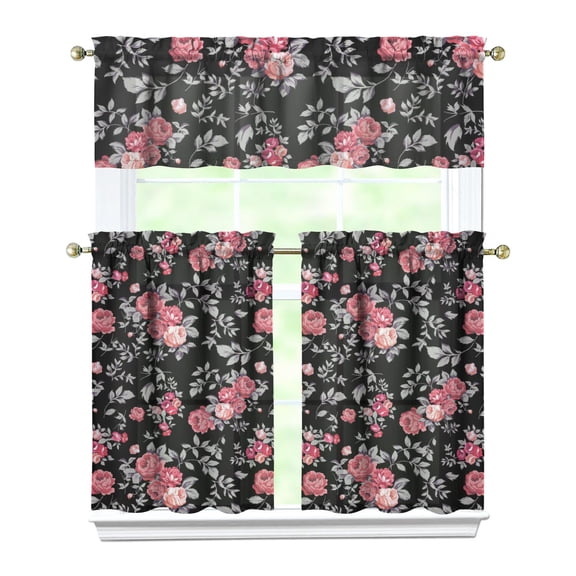 Pioneer Kitchen Curtains and Valance Set 36 Inch Tier Pink Rose Black Vector Image 3 Pieces Set Dining Room Small Curtain Drapes Cafe Curtains Valance for Home Decor Rod Pocket