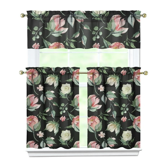 Pioneer Kitchen Curtains and Valance Set 36 Inch Tier Pink and White Gouache Floral Pattern 3 Pieces Set Dining Room Small Curtain Drapes Cafe Curtains Valance for Home Decor Rod Pocket