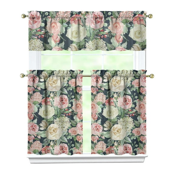 Pioneer Kitchen Curtains and Valance Set 36 Inch Tier Pink and White Gouache Floral Pattern 3 Pieces Set Dining Room Small Curtain Drapes Cafe Curtains Valance for Home Decor Rod Pocket