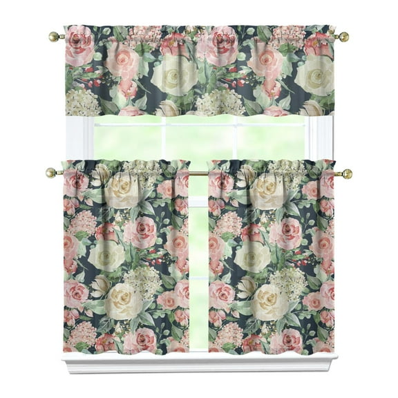 Pioneer Kitchen Curtains and Valance Set 36 Inch Tier Pink and White Gouache Floral Pattern 3 Pieces Set Dining Room Small Curtain Drapes Cafe Curtains Valance for Home Decor Rod Pocket