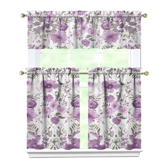 Pioneer Kitchen Curtains and Valance Set 36 Inch Tier Purple Floral Wildflower Farmhouse 3 Pieces Set Dining Room Small Curtain Drapes Cafe Curtains Valance for Home Decor Rod Pocket