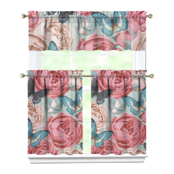 Pioneer Kitchen Curtains and Valance Set 36 Inch Tier Red Peony Roses and Butterfly 3 Pieces Set Dining Room Small Curtain Drapes Cafe Curtains Valance for Home Decor Rod Pocket