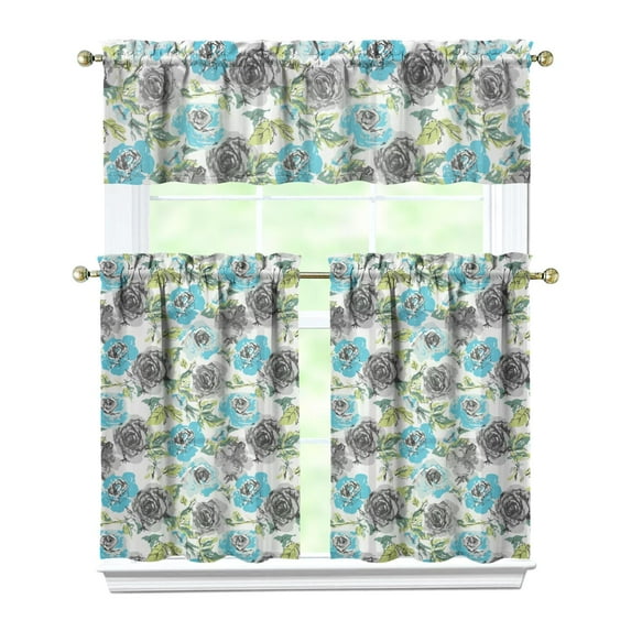 Pioneer Kitchen Curtains and Valance Set 36 Inch Tier Rose Floral Pattern 3 Pieces Set Dining Room Small Curtain Drapes Cafe Curtains Valance for Home Decor Rod Pocket