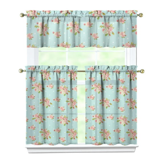 Pioneer Kitchen Curtains and Valance Set 36 Inch Tier Small Roses 3 Pieces Set Dining Room Small Curtain Drapes Cafe Curtains Valance for Home Decor Rod Pocket