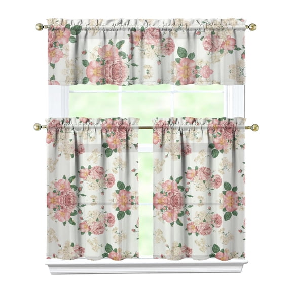 Pioneer Kitchen Curtains and Valance Set 36 Inch Tier Vintage Pink Floral 3 Pieces Set Dining Room Small Curtain Drapes Cafe Curtains Valance for Home Decor Rod Pocket
