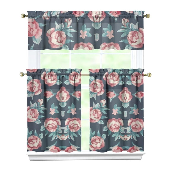 Pioneer Kitchen Curtains and Valance Set 36 Inch Tier Vintage Rose 3 Pieces Set Dining Room Small Curtain Drapes Cafe Curtains Valance for Home Decor Rod Pocket