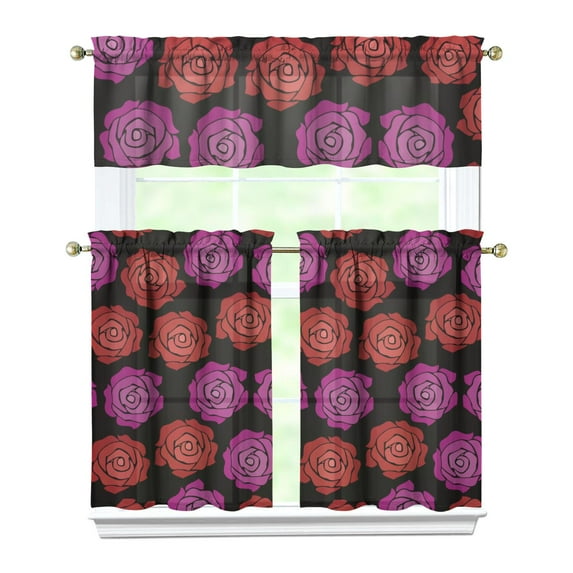 Pioneer Kitchen Curtains and Valance Set 36 Inch Tier Vintage Roses Pattern 3 Pieces Set Dining Room Small Curtain Drapes Cafe Curtains Valance for Home Decor Rod Pocket