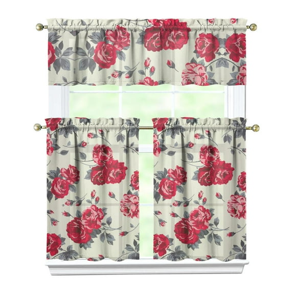 Pioneer Kitchen Curtains and Valance Set 36 Inch Tier Vintage-inspired Roses in Chic Modern Colours 3 Pieces Set Dining Room Small Curtain Drapes Cafe Curtains Valance for Home Decor Rod Pocket