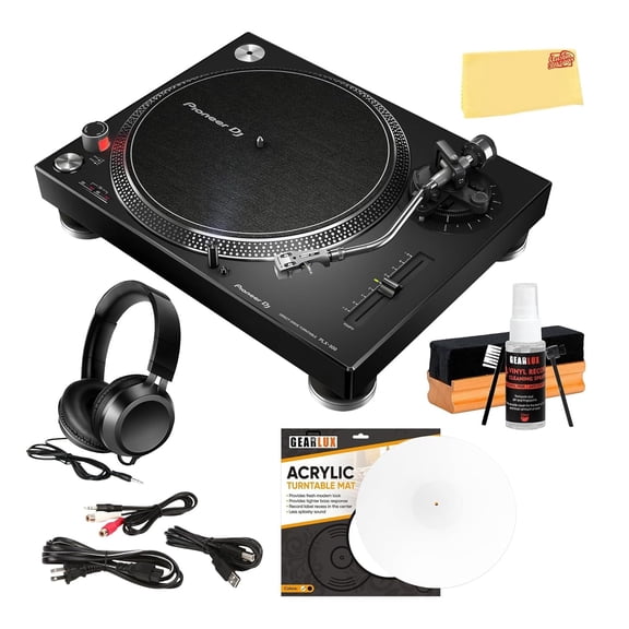 Pioneer PLX-500 Direct Drive Turntable - Black Bundle with Headphones, Slipmat, Cleaning Kit, and Austin Bazaar Polishing Cloth