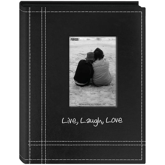 Pioneer Photo Album Sewn Leatherette Live, Laugh, Love Brag Album, Holds 36 4x6" Photos, 1 Per Page, Black