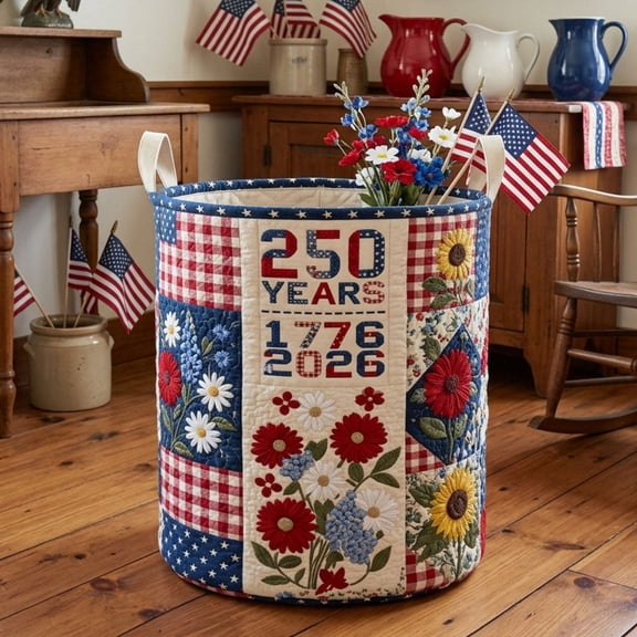 Pioneer Pride Patchwork Quilted Laundry Basket, Americana Patchwork Hamper, Patriotic Storage