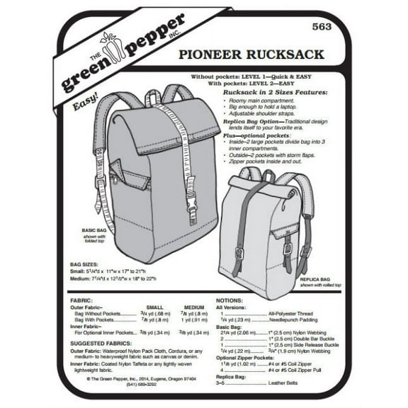 Pioneer Rucksack Backpack Bag #563 Sewing Pattern (Pattern Only)