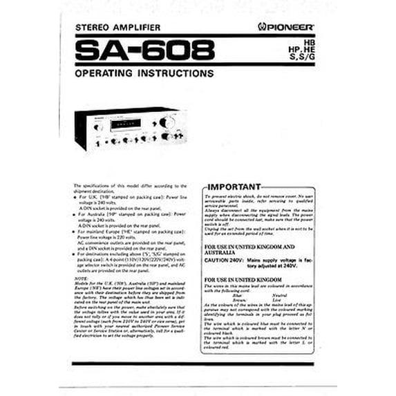 Instruction Manual ONLY for Pioneer SA-608 Amplifier Owners Manual REPRINT