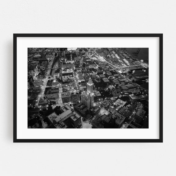 Pioneer Square - Seattle Washington Photography Cityscape Black and White Nightlife Architecture Skyline Street Photography Vintage Black Framed Wall Art Print 5 x 7 inches