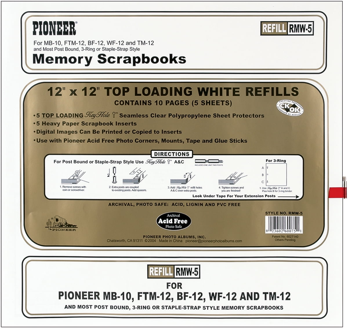 Pioneer Universal Top-Loading Page Protectors 5/Pkg-12"X12" (W/White Inserts)