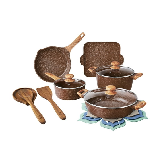 The Pioneer Woman Prairie Signature 14-Piece Cast Aluminum Cookware Set, Brown Speckle