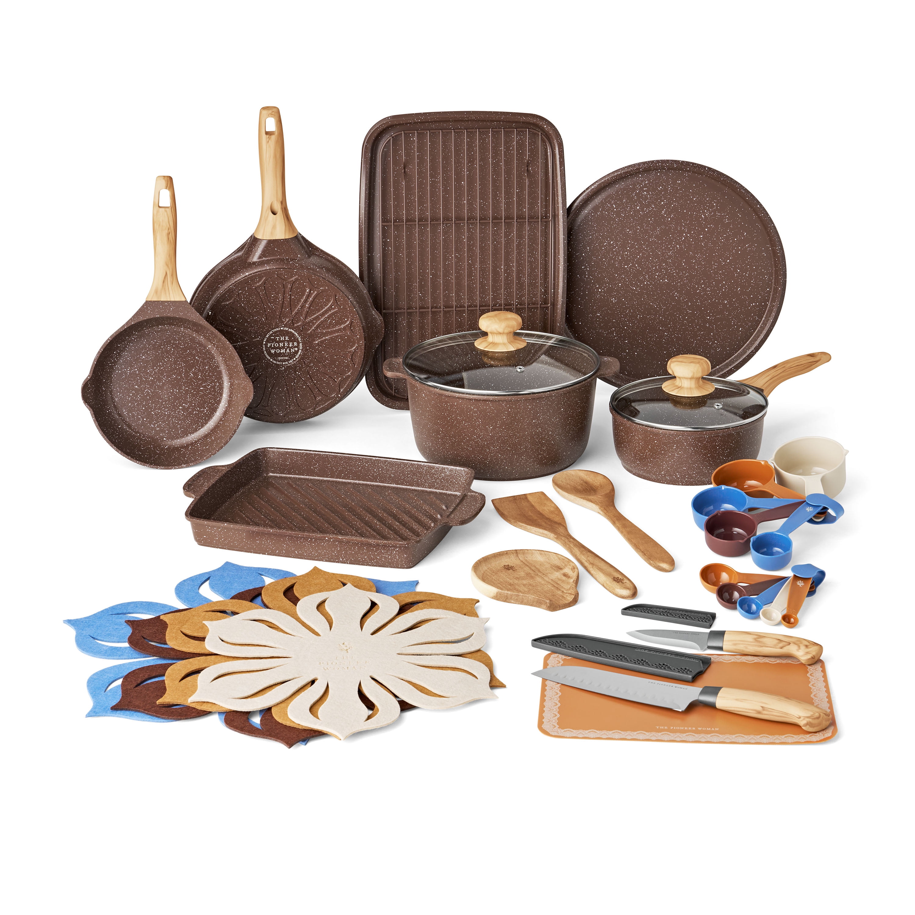 Walmart savings: The Pioneer Woman 32-Piece Nonstick Cast Aluminum Cookware and Kitchen Utensil Set, Brown