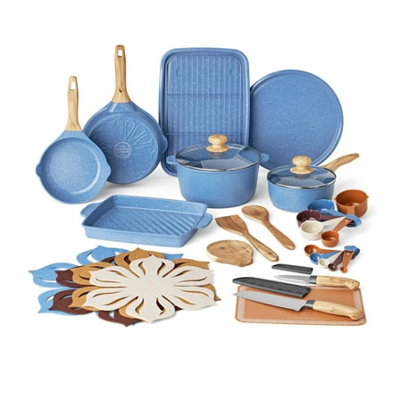 The Pioneer Woman 32-Piece Nonstick Cast Aluminum Cookware and Kitchen Utensil Set, Riverside Blue