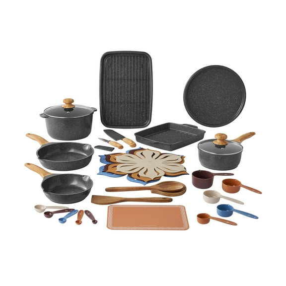 The Pioneer Woman 32-Piece Nonstick Cookware and Kitchen Utensil Set, Charcoal