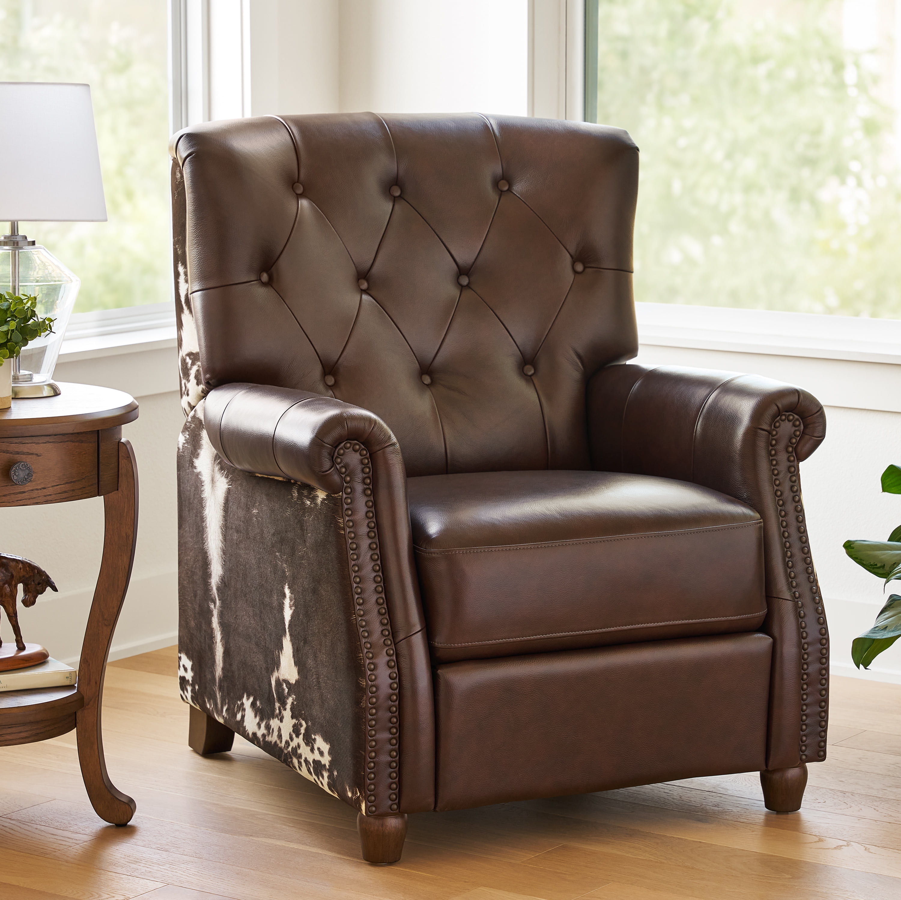 Pioneer Woman Harper Faux Leather Recliner Whiskey Faux Cowhide Upholstery Walmart