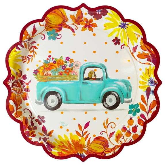 Pioneer Woman Fall Truck Floral 11.5" round Dinner Plate with Scalloped Edges, 8 Count