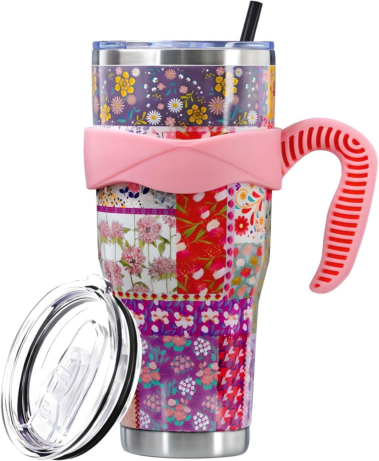 Pioneer Woman Flower Tumbler with Handle and Silicone Straws 40 Oz
