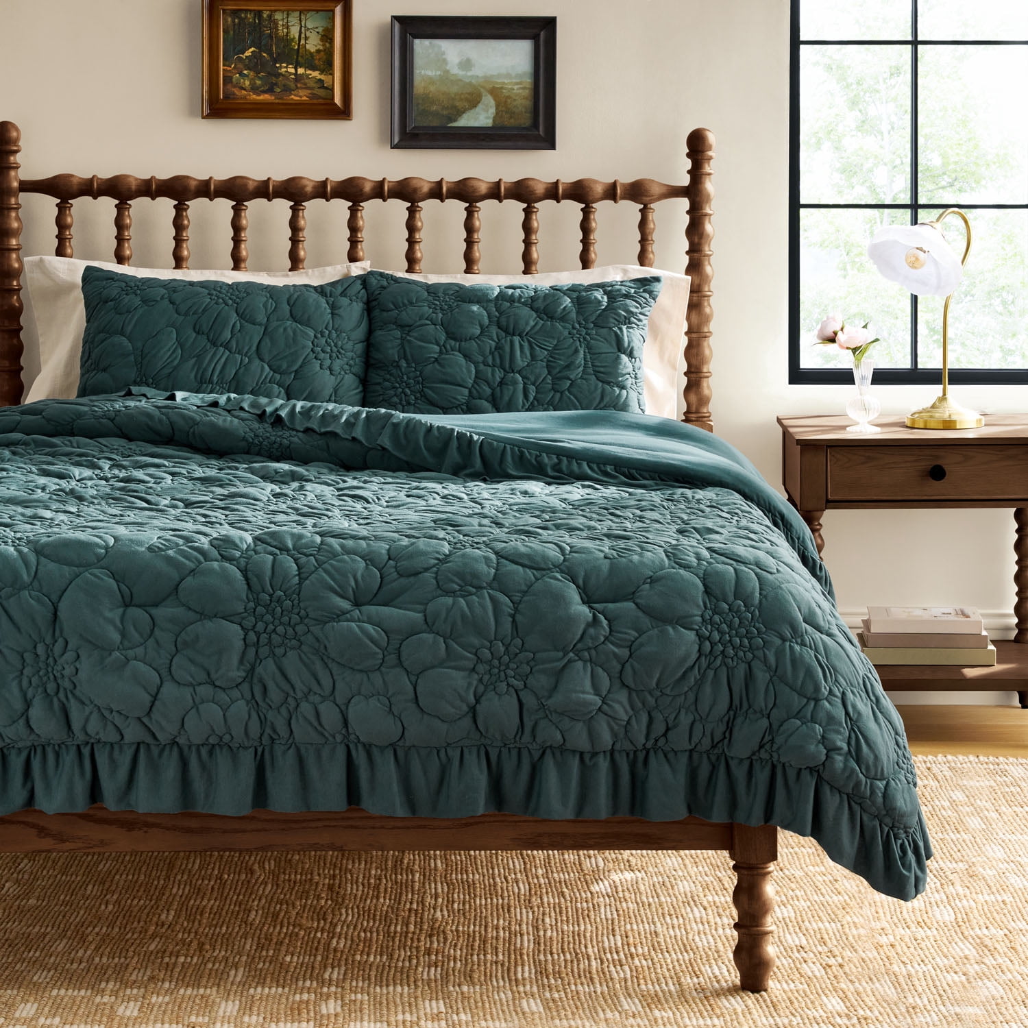 The Pioneer Woman Ruched Floral 3-Piece Comforter Set, Full/Queen, All Season, Teal